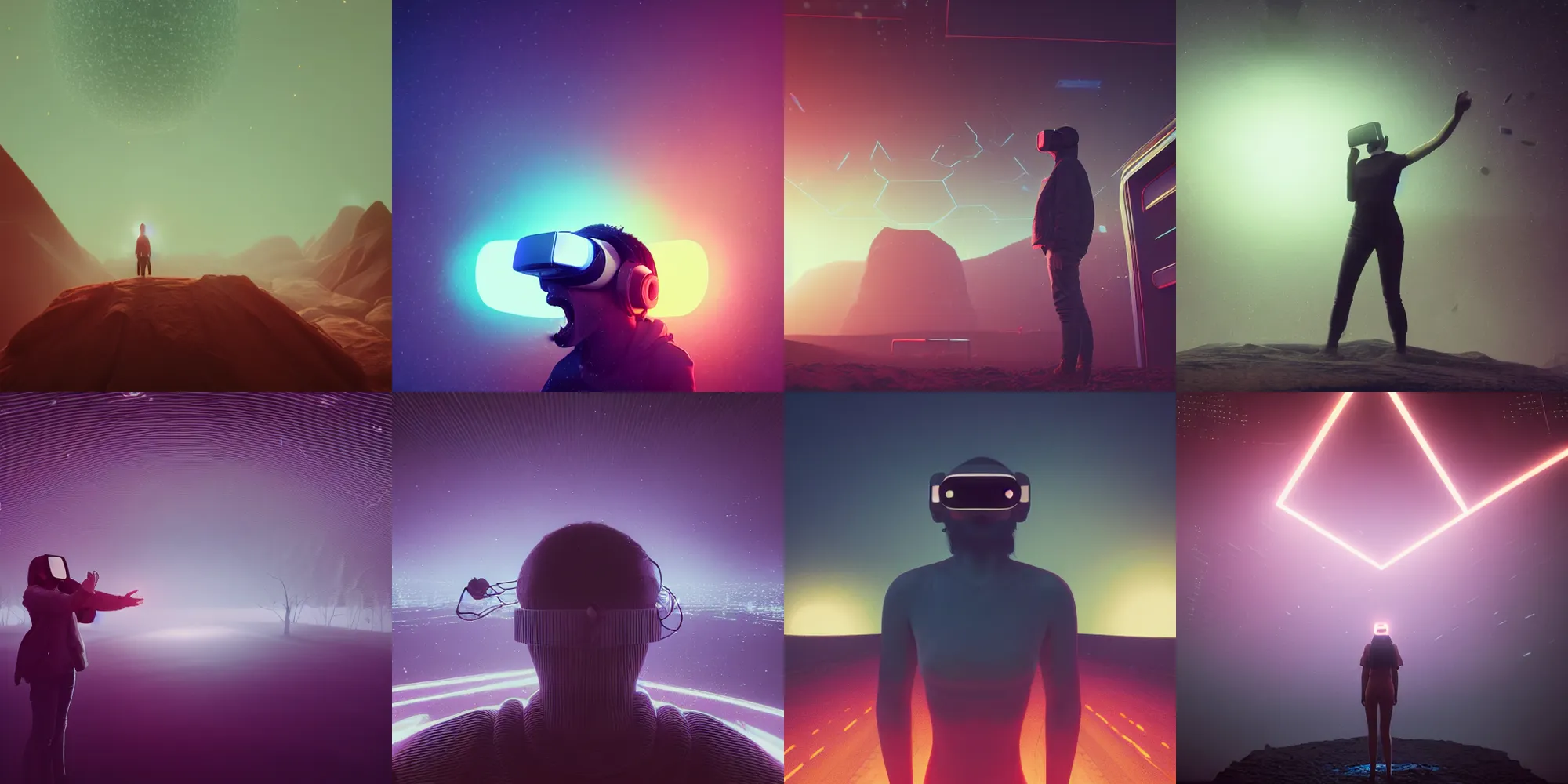 Image similar to beautiful dark landscape, person screaming wearing virtual reality, in the style of beeple and Mike Winkelmann, intricate, epic lighting, cinematic composition, hyper realistic, 8k resolution, unreal engine 5,