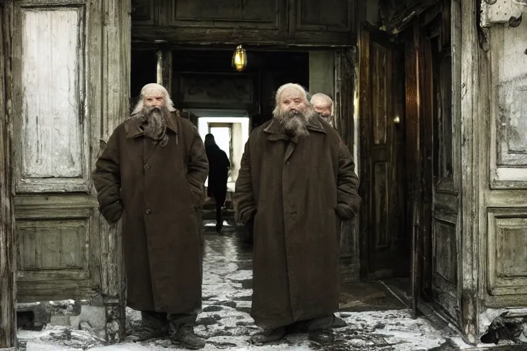 Image similar to cinematography old Russian men entering old bar in Russia showing. by Emmanuel Lubezki