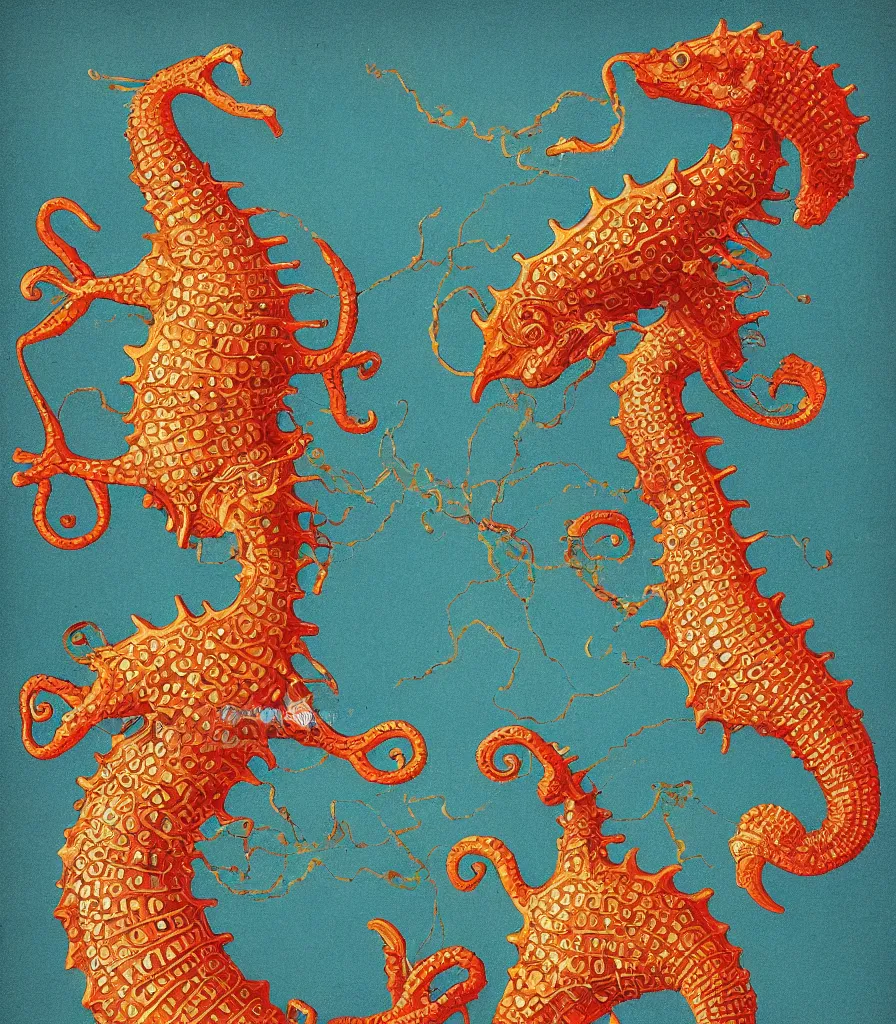 Prompt: brilliant alien seahorse in the sky color scientific illustration by Ernst Haekel, color illustration with orthographic views