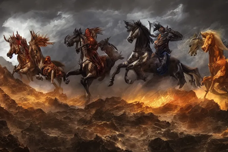 Image similar to the four horsemen of the apocalypse, digital painting, mixed media, trending on artstation and deviantart, epic composition, magnum opus, highly detailed, 8 k