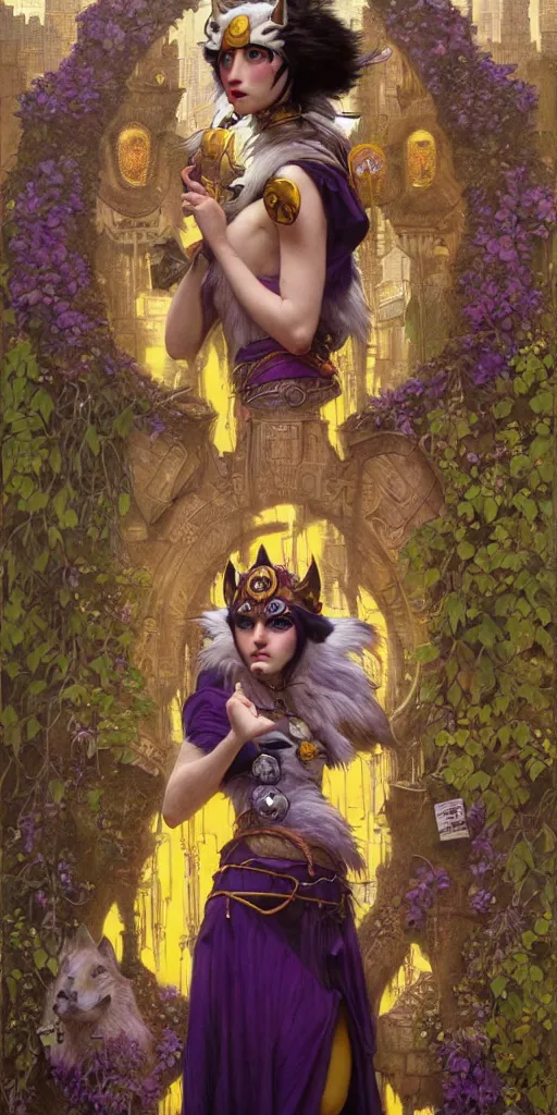 Image similar to hyper realistic Princess Mononoke in her mask, busy metropolis, city landscape, wolves, magic, castle, jewels, style of tom bagshaw, mucha, james gurney, norman rockwell, gems and gold, waterfalls, denoised, sharp, yellow purple and black colours,