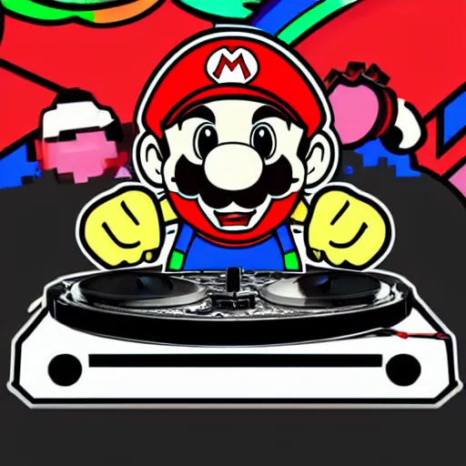 Image similar to svg sticker of a Pop-Wonder SuperMario, Mario-Wearing-a-red-hat, at a rave, spinning records, giant headphones rocking out, wearing headphones, huge speakers, dancing, rave, DJ, spinning records, digital art, amazing composition, rule-of-thirds, award-winning, trending on artstation, featured on deviantart