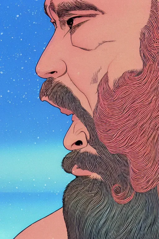 Image similar to a colorful closeup portrait of a young bald man with a very long wild beard dreaming psychedelic hallucinations in the vast icy landscape of antarctica, by kawase hasui, moebius and edward hopper, colorful flat surreal design, hd, 8 k, artstation