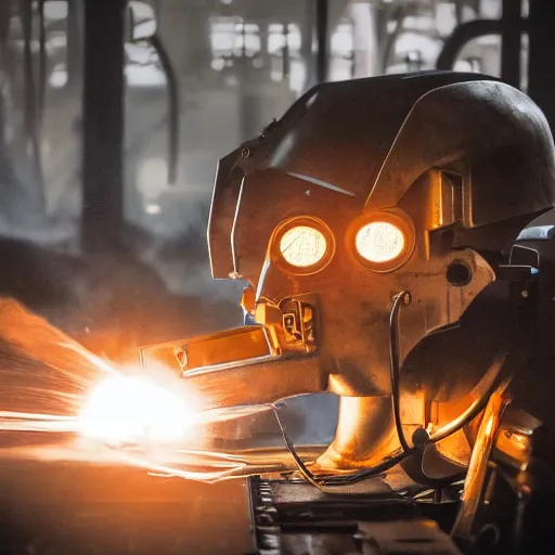 Image similar to toaster oven mecha head, dark messy smoke - filled cluttered workshop, dark, dramatic lighting, orange tint, sparks, cinematic, highly detailed, sci - fi, futuristic, movie still