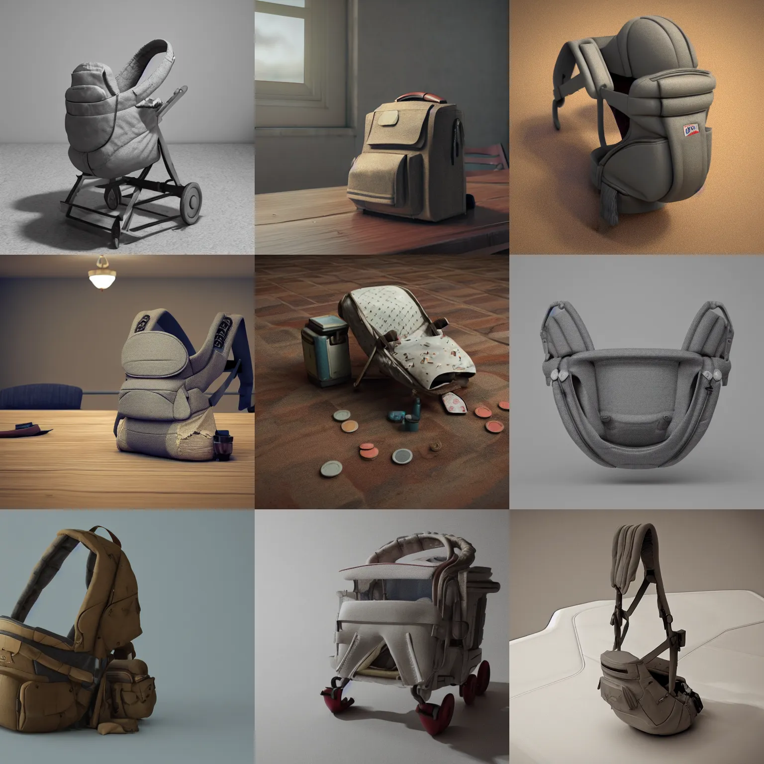 Prompt: an old worn out baby carrier sit on a table, trending on artstation, wsop, pixar, octane render, 3 d, 4 k