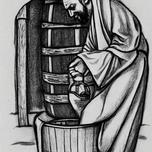 Image similar to pencil sketch of a monk drinking wine next to a barrel, pondering, medieval style