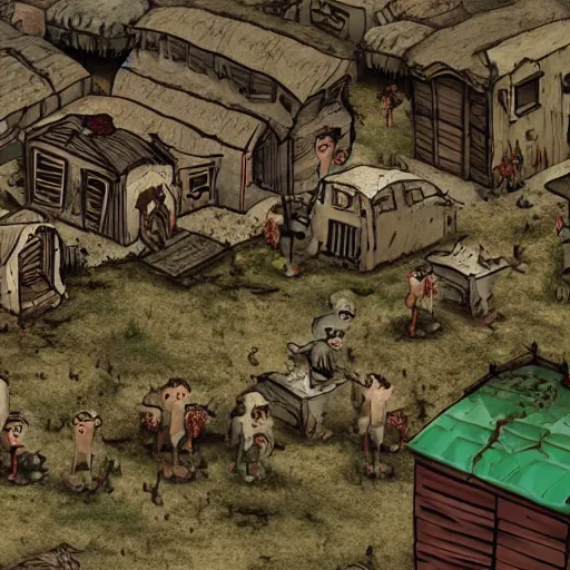 Prompt: a small village with zombie people in a barren desert