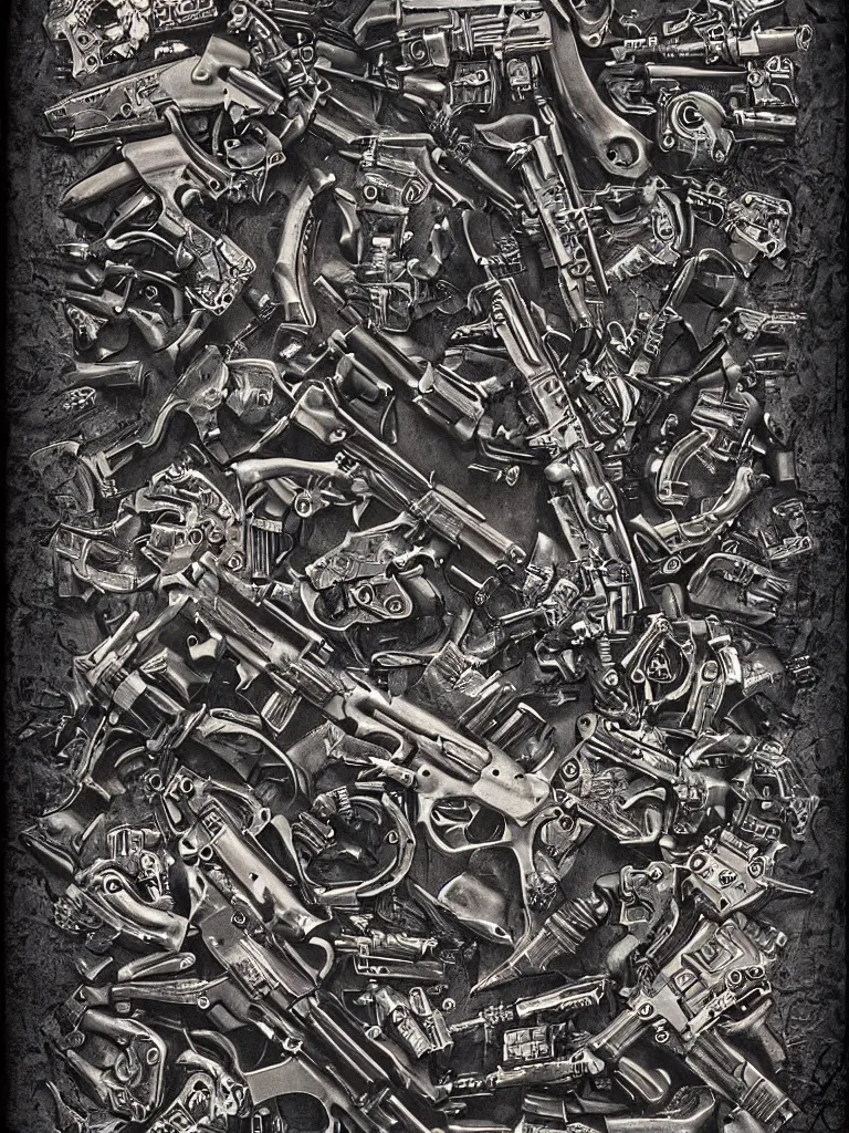 Prompt: carving in dark black steel of machine guns shotguns rifles revolvers bullets, dark vintage paperback cover, ultra-realistic, intricate details, 4k