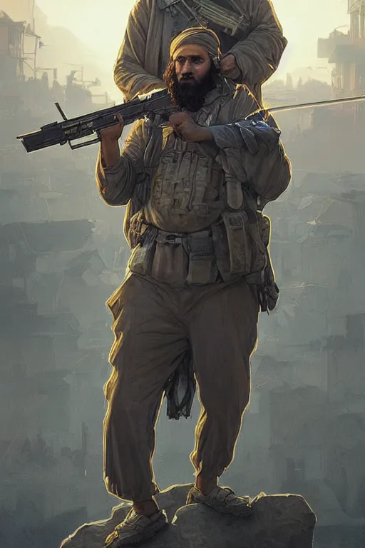 Image similar to male cottagecore taliban leader holding a kalashnikov rifle, urban warfare background, golden hour, intricate, elegant. highly detailed, digital painting, artstation, concept art, smooth, sharp, focus, illustration.. art by artgerm and greg rutkowski and alphonse mucha