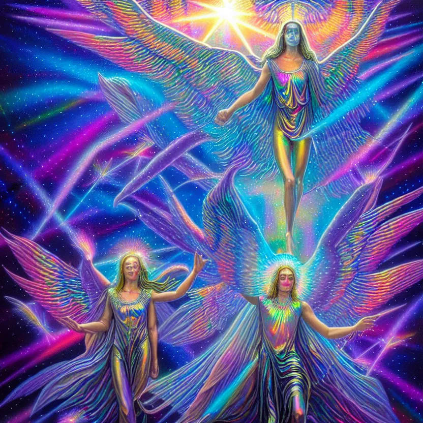 Prompt: a photorealistic detailed image of iridescent prismatic light beings creating dreams, guided by angels, spiritual evolution, science, divinity, utopian, triumphant, cinematic, epic, grandiose, moody, mathematics, futuristic, by jason felix, dan mumford, kinkade, lisa frank, wpa, public works mural, socialist