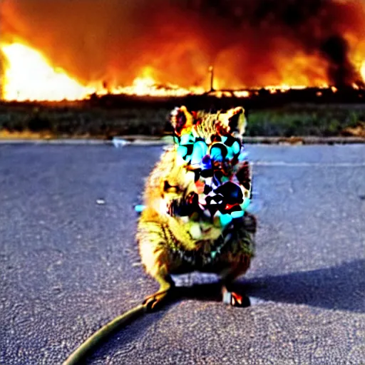 Image similar to a quokka laughing while a house is on fire in the background