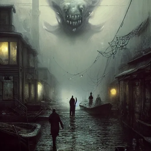 Image similar to shadow over innsmouth, fishpeople, people walking out of water, painted by seb mckinnon, high detail, dramatic light, digital art, painted by greg rutkowski, promotional movie posterart, trending on artstation