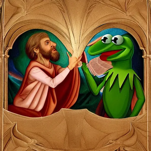 Image similar to the creation of adam but with kermit the frog and jim henson instead, muppets, renaissance style, heavenly, cosmic, god rays, intricate detail, 8 k,