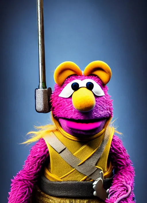 Image similar to studio portrait still of muppet!!!!! thor!!!!!! from avengers infinity war with hammer as a muppet muppet as a muppet, 8 k, studio lighting, key light,