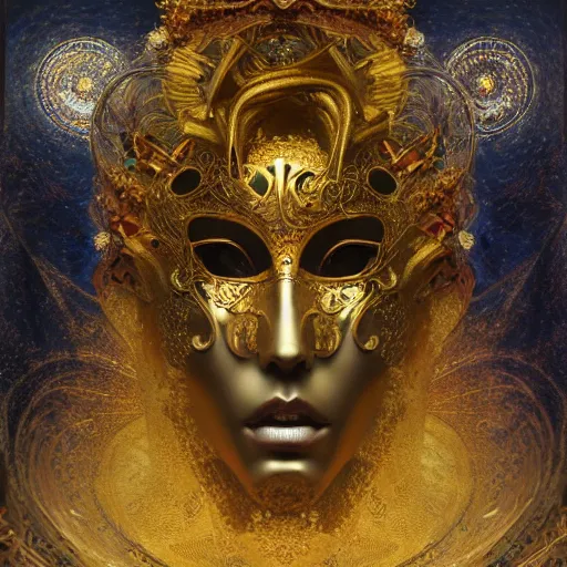 Prompt: Divine Chaos Engine, as a Venetian Carnivale Mask, by Karol Bak, Jean Deville, Gustav Klimt, and Vincent Van Gogh, celestial, visionary, sacred, fractal structures, ornate realistic gilded medieval icon, spirals, octane render