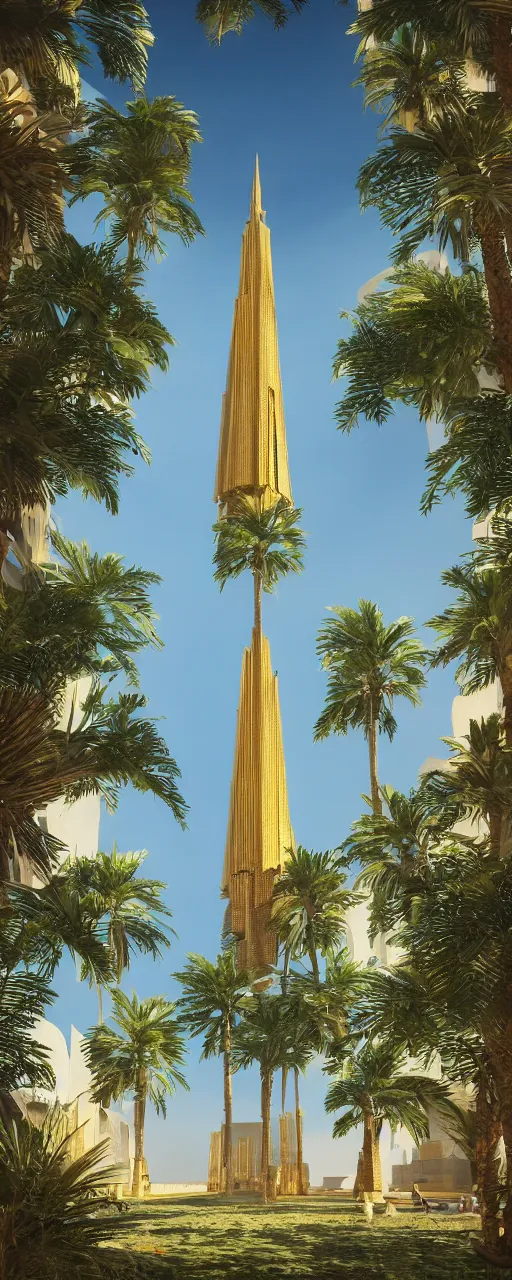 Image similar to eye level view of single tower, golden facade babylon tower, sacred ancient architecture, hanging gardens, cascading highrise, arid mountains with lush palm forest, sunlight, post - production, octane, cgi, sfx