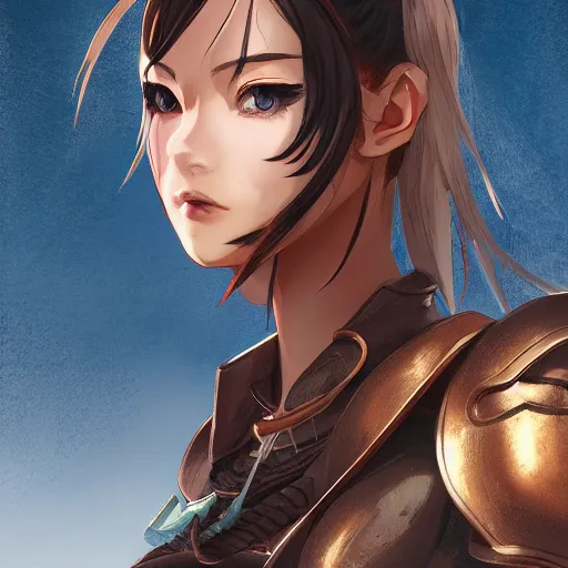 Image similar to a female warrior, character art portrait, anime key visual, official media, illustrated by wlop, extremely detailed, 8 k, trending on artstation, cinematic lighting, beautiful