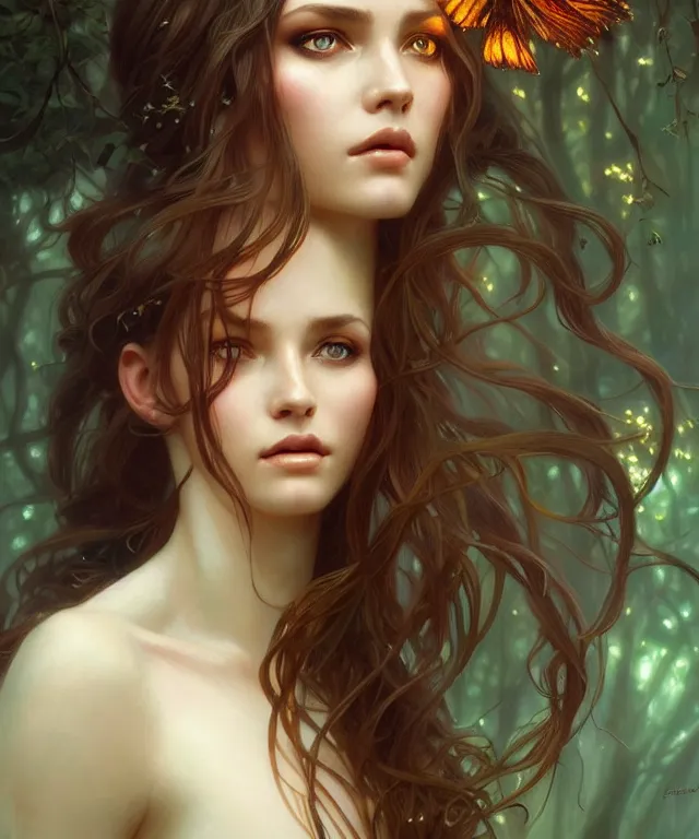 Image similar to Forest nymph woman portrait, amber eyes, face, long hair, fantasy, intricate, elegant, highly detailed, digital painting, artstation, concept art, smooth, sharp focus, illustration, art by artgerm and greg rutkowski and alphonse mucha