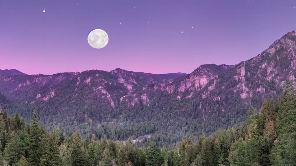 Prompt: Panoramic photo where the mountains are towering over the valley below their peaks shrouded in mist. It is night and the moon is just peeking over the horizon and the purple sky is covered with stars and clouds. The river is winding its way through the valley and the trees are blue and pink