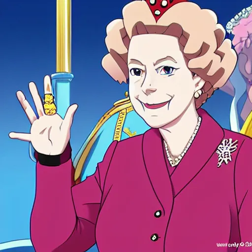 Prompt: queen elizabeth is an anime girl in the style of trigger animation