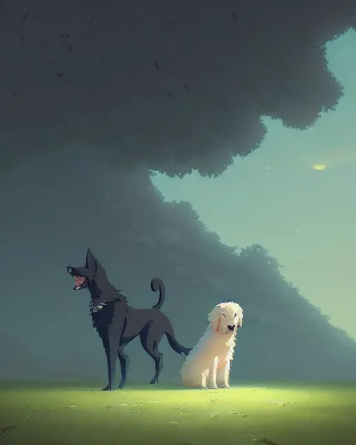 Prompt: amime style maremma dog, studio ghibli, spirited away, greg rutkowski, simon stalenhag, thomas kinkade, sharp focus, masterpiece, deviantart