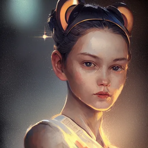 Prompt: portrait of a beautiful cute girl with robot ears by greg rutkowski, 4k, intricate details, coffee and stars background