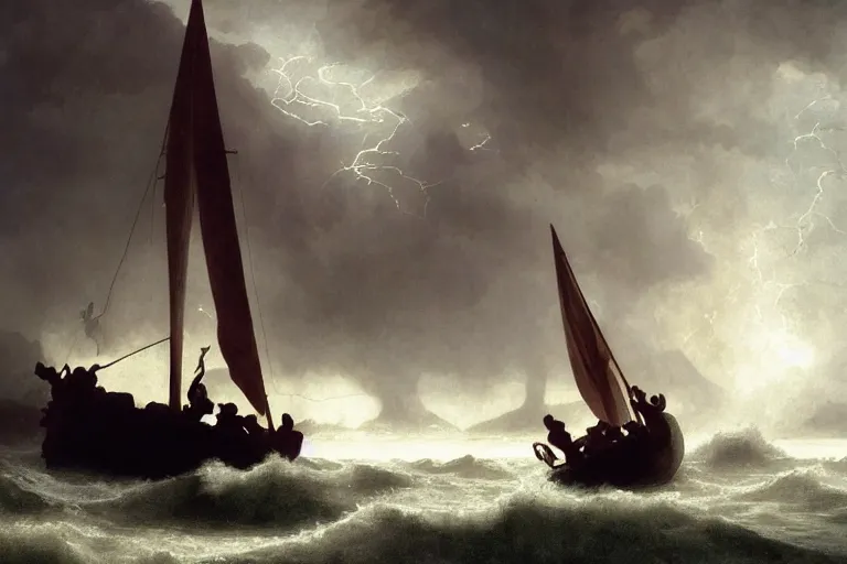 Image similar to ancient historically accurate depiction of Bible Character walking on water during a storm, a small fishing sailboat with scared sailors on board, dramatic lighting by frank miller, illustration by Ruan Jia and Mandy Jurgens and William-Adolphe Bouguereau, Artgerm, 4k, digital art, surreal, space dandy style, highly detailed, godsend, artstation, digital painting, concept art, smooth, sharp focus, illustration by Ruan Jia and Mandy Jurgens and William-Adolphe Bouguereau, Artgerm