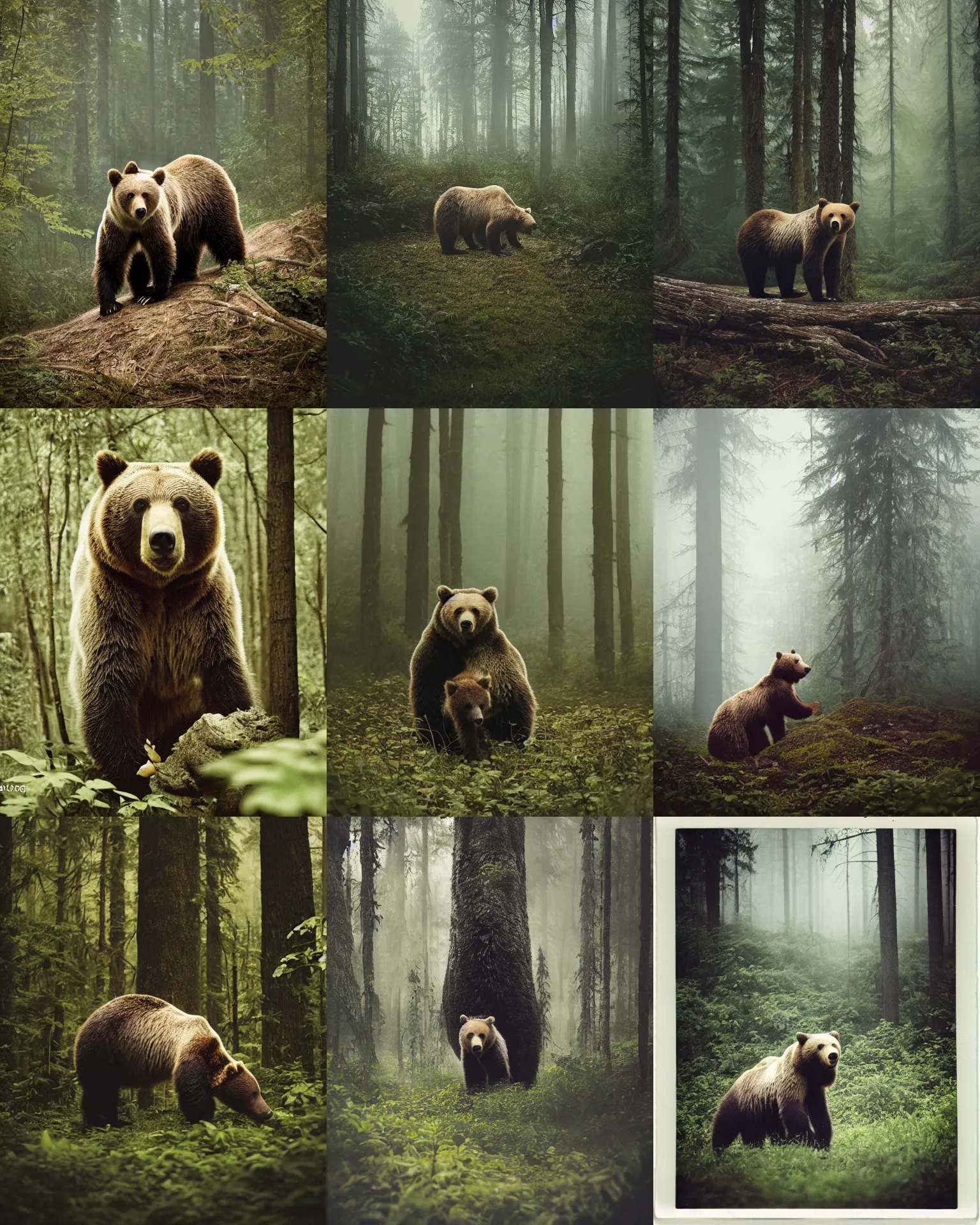 Prompt: grizzly bear in forest jungle , Cinematic focus, Polaroid photo, vintage , neutral dull colors, soft lights, foggy mist , by oleg oprisco , by national archives, by discovery channel, by victor enrich , by gregory crewdson