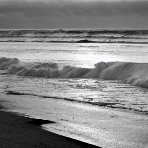 Image similar to Dawn. Crashing Surf. The waves TOSS a BEARDED MAN onto wet sand. He lies there.