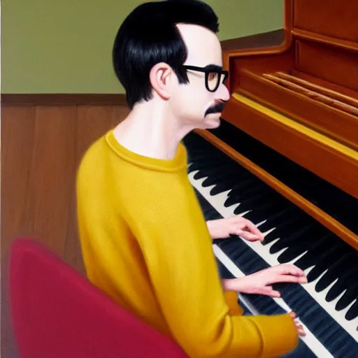 Image similar to An Oil Painting of the back view of Rivers Cuomo in a sweater with long hair and a mustache masterfully playing the piano, hyperrealistic, extremely realistic, highly realistic, HD Quality, 4k resolution, 8k resolution, Detailed, Very Detailed, Highly Detailed, Extremely Detailed, Intricate Details, Real, Very Real, Oil Painting, Digital Painting, Painting, Trending on Deviantart, Trending on Artstation