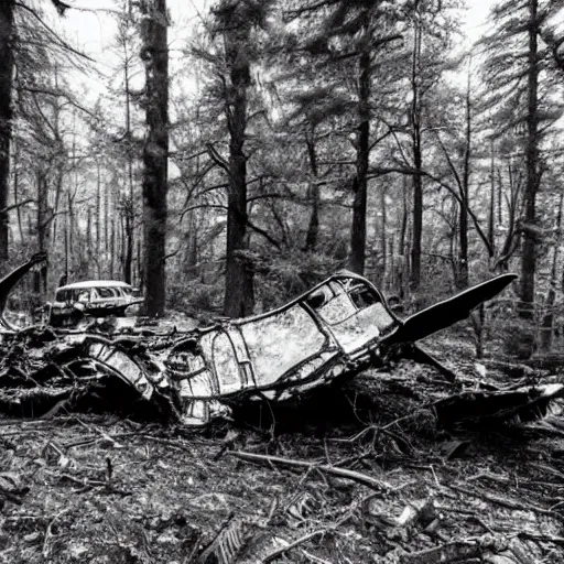 Image similar to huge crashed ufo wreckage in the forest, black and white photo, cinematic, found footage