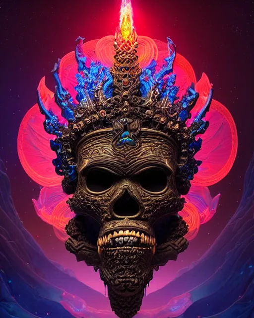 Prompt: 3 d ornate carved dark cosmic king with profile portrait, sigma 5 0 0 mm f / 5. beautiful intricate highly detailed quetzalcoatl skull. bioluminescent, plasma, lava, ice, water, wind, creature, thunderstorm! artwork by tooth wu and wlop and beeple and greg rutkowski, 8 k trending on artstation