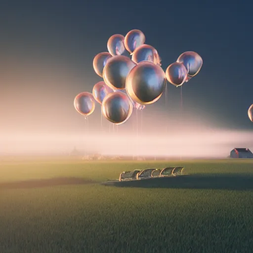 Prompt: a foating house in mid air held by ballons, dept of field, cinematic, volumetric lightening, octane render