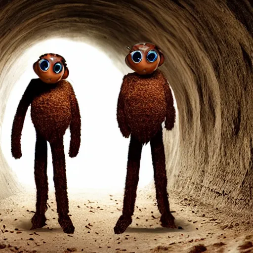 Image similar to cinematic photo of humans wearing realistic ant costumes in an underground dirt tunnel. several tunnel exits lead off in different directions.