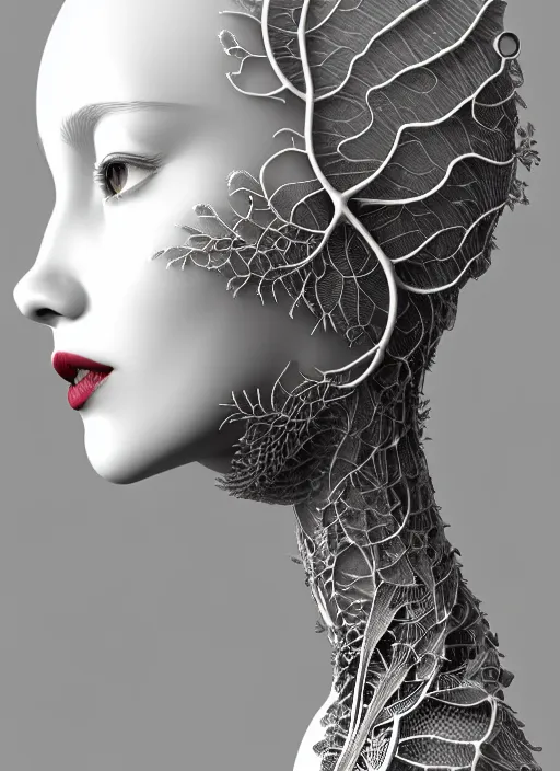 Image similar to complex 3d render ultra detailed of a beautiful porcelain profile woman face, mechanical vegetal cyborg, 150 mm, beautiful studio soft light, rim light, silver details, magnolia big filigran leaves and stems, roots, fine foliage lace, mesh wire, Alexander Mcqueen haute couture, intricate details, hyperrealistic, mandelbrot fractal, anatomical, red lips, silver metal armor, facial muscles, cable wires, microchip, elegant, white background, beautiful white teeth, octane render, H.R. Giger style, 8k