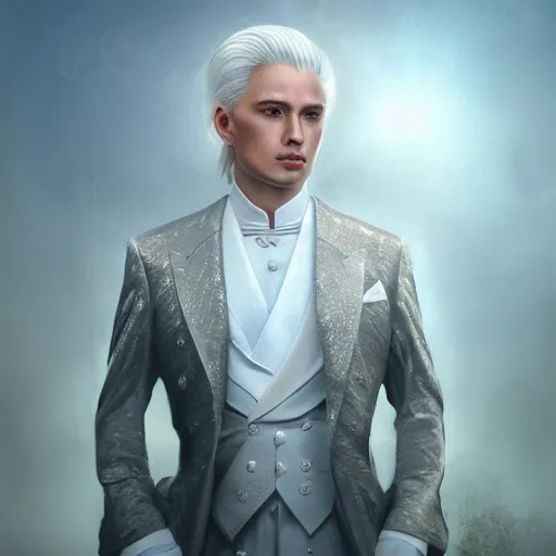 Image similar to a portrait of a young handsome prince with white hair, elegant, beautiful, backlit, incredible lighting, strong rim light, highly detailed, god rays, digital painting, HDRI, by Heise Jinyao, Heise-Lian Yan Fang, Feimo, Richard Taddei, vivid colors, high contrast, 8k resolution, intricate, photorealistic, smooth