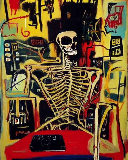 Image similar to oil neo expressionism painting of skull skeleton playing video games by basquiat and norman rockwell