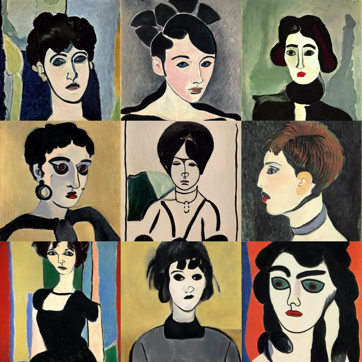 Prompt: A goth portrait painted by Henri Matisse. Her hair is dark brown and cut into a short, messy pixie cut. She has a slightly rounded face, with a pointed chin, large entirely-black eyes, and a small nose. She is wearing a black tank top, a black leather jacket, a black knee-length skirt, a black choker, and black leather boots.