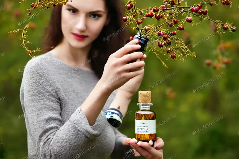 Image similar to beautiful hobbo holding a bottle of hawthorn tincture in her hands, professional shooting, model shooting, high quality, professional light,