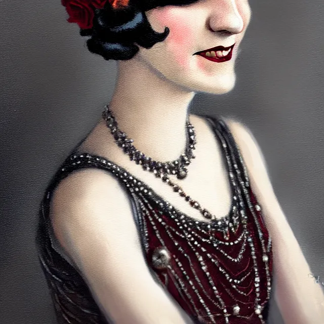 Prompt: a portrait photo of a 1 9 2 0 s woman with a slight smile in a flapper dress, atmospheric lighting, painted, intricate, ultra detailed by leesha hannigan, thierry doizon, kai carpenter, well composed, best on artstation, cgsociety, epic, stunning, gorgeous, intricate detail, wow, masterpiece