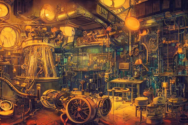 Image similar to wide angle on mad steampunk laboratory filled with alchemy equipment, pespective, giant screens, sci - fi vending machine, art by victo ngai, dynamic light, volumetric light, neon lights, cinematic mood