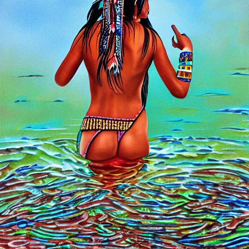 Image similar to full body, highly detailed, native indian woman swimming, painting