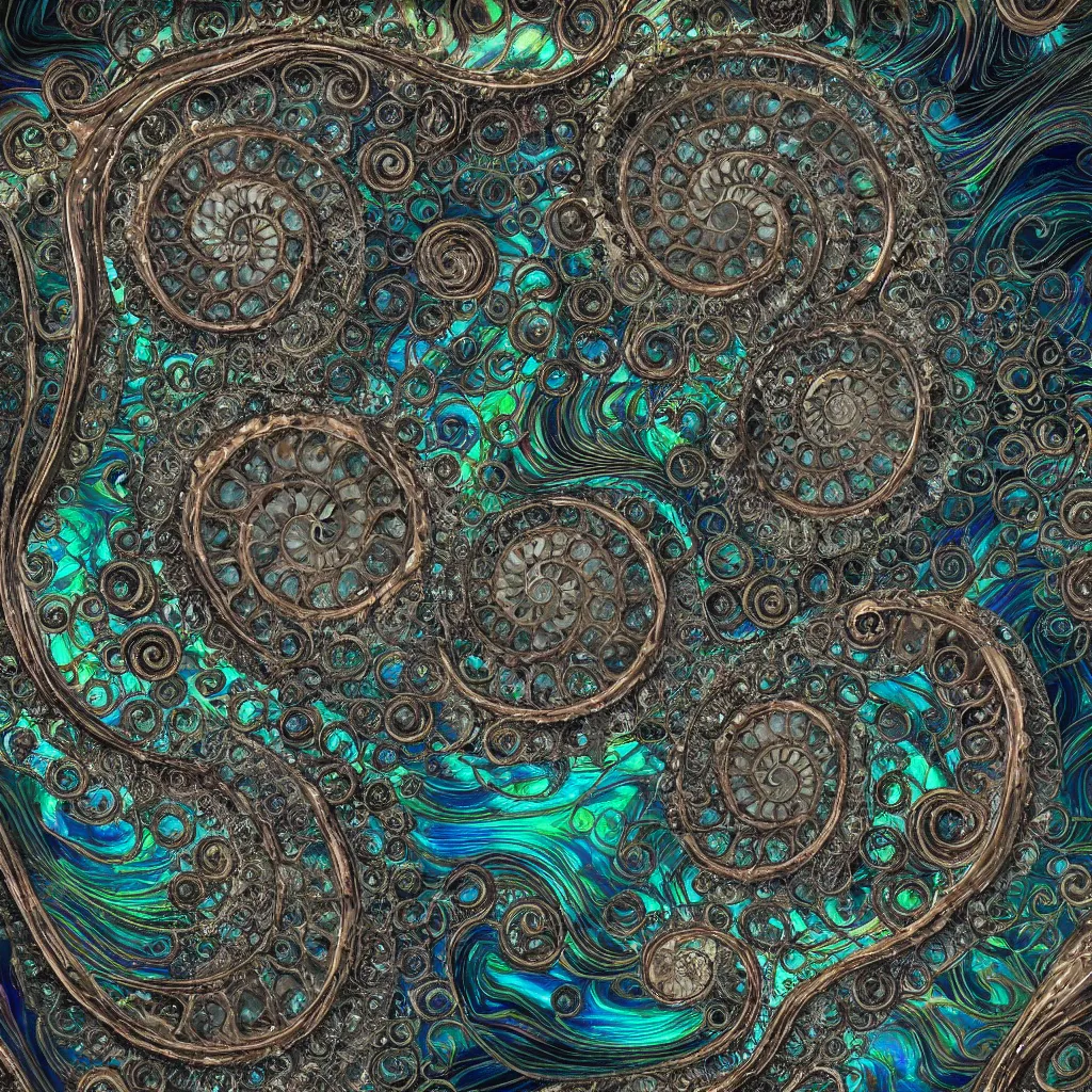 Prompt: art nouveau cresting oil slick waves, ammonite, hyperdetailed bubbles in a shiny iridescent oil slick wave, black opals, ornate copper patina spiral ornament, rococo, organic rippling spirals, hyperdetailed photorealistic ultrasharp octane render