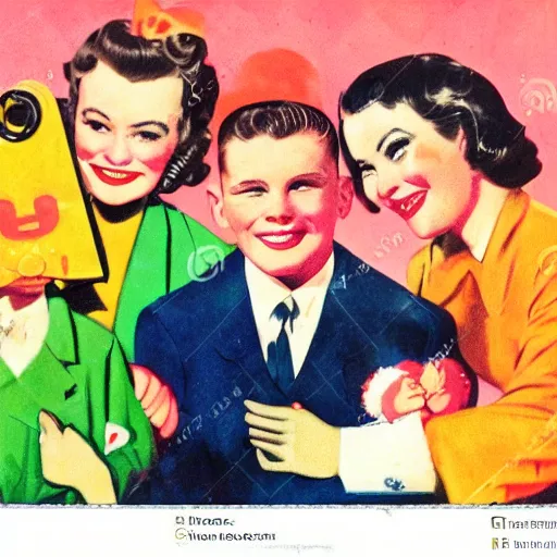 Prompt: happy 1950's retropunk propaganda with a smiling family, bright colors