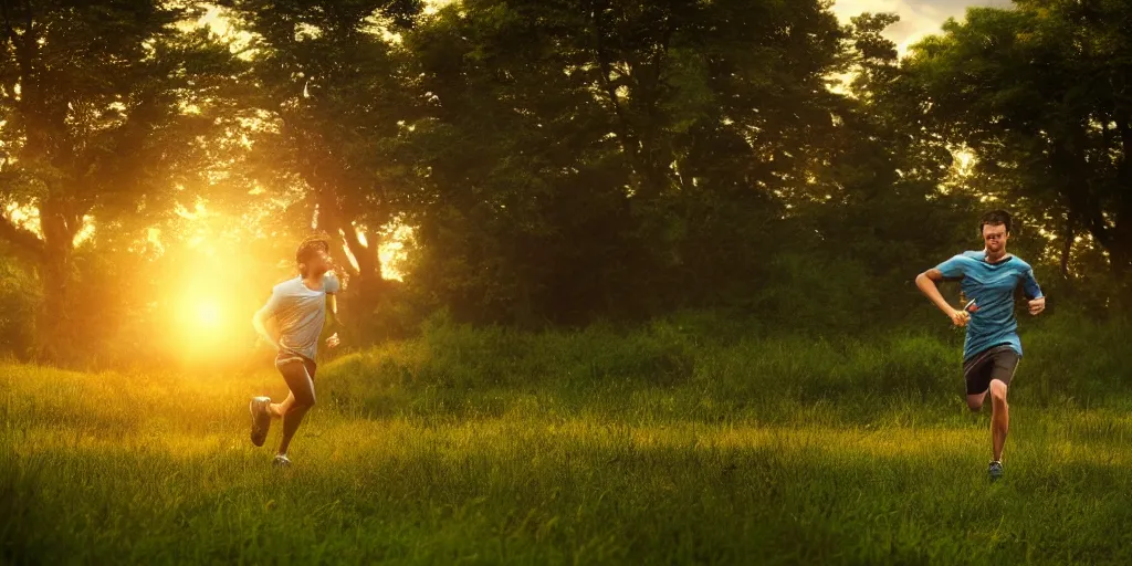 Image similar to Render of a young man running through a lush green countryside, with the sun setting over the sea, trending on artstation, 4k, soft focus