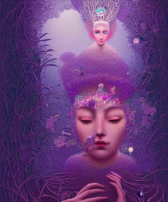 Prompt: ultra detailed, magical realism, portrait painting, of the beautiful empress within the enchanted purple forest, glowing purple, volumetric lighting, illusion, intricate details, by victo ngai