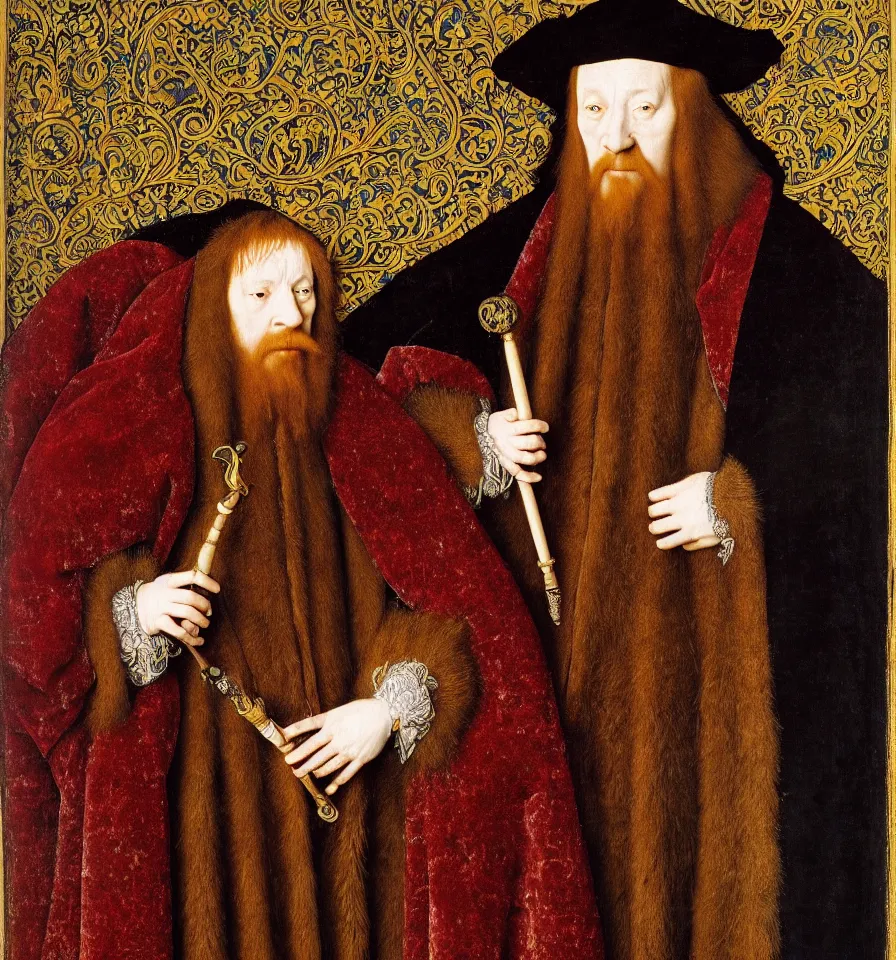 Image similar to painted portrait of a glorious wizard with a magic wand wearing a rich embroidered velvet cloak, 1 6 th century, hans holbein the younger, jan van eyck, gerit dou,