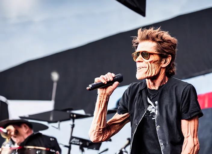 Prompt: photo still of willem dafoe on stage at vans warped tour!!!!!!!! at age 4 0 years old 4 0 years of age!!!!!!! singing into a mic, 8 k, 8 5 mm f 1. 8, studio lighting, rim light, right side key light