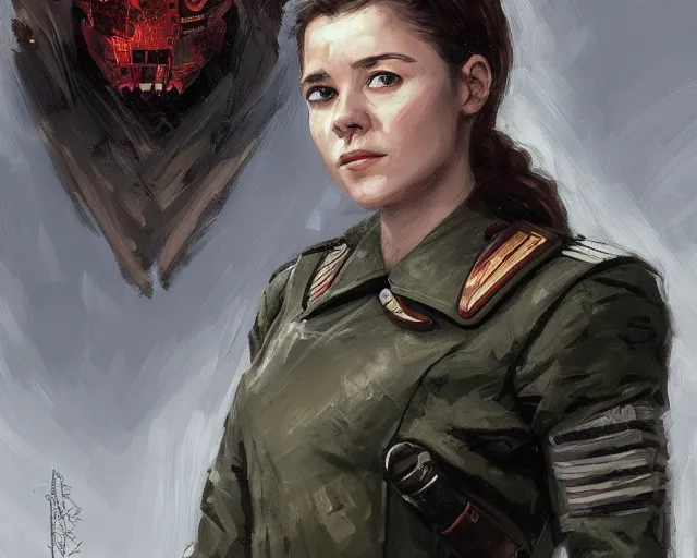 Image similar to portrait of young bolshevik leader nadezhda konstantinovna krupskaya as a doomguy, hd shot, digital portrait, beautiful, artstation, comic style, by artgerm, guy denning, jakub rozalski, magali villeneuve and charlie bowater