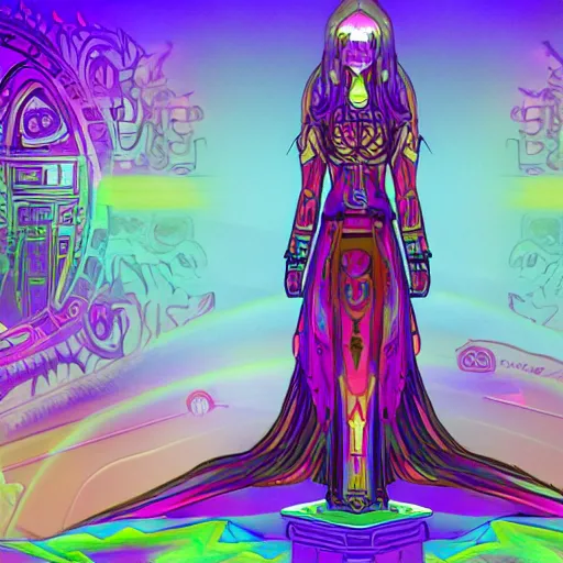 Image similar to concept art for a video game called mystic unity, illustrative visionary characters, dark psychedelic magicians, elongated arms and rainbow cuber augmentations, barbarian buddhas in epic schematic landscap